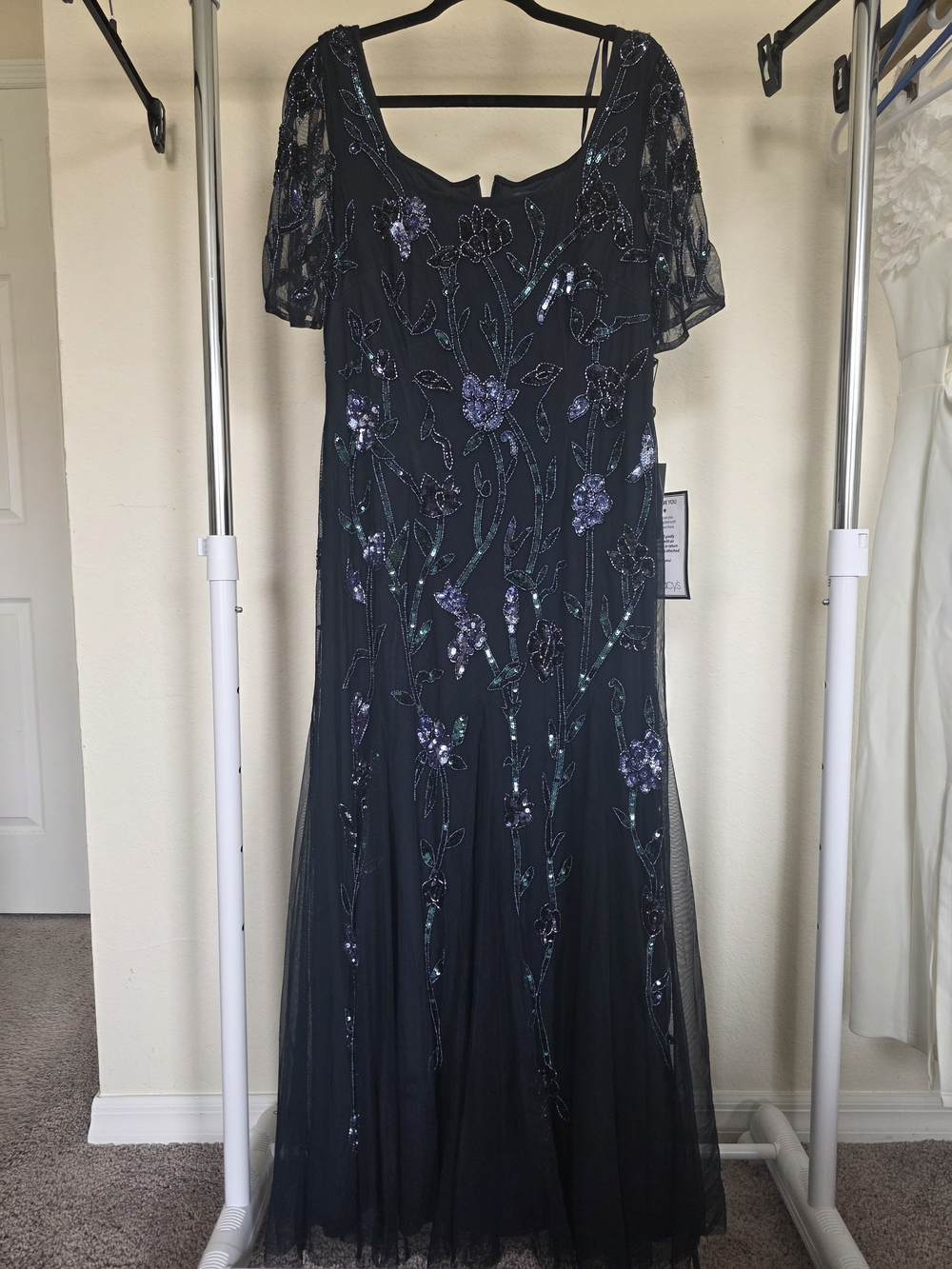 ADRIANNA PAPELL Dress Square Neck  Beaded Godet Gown In Midnight Size 14 Petite - Picture 5 of 10